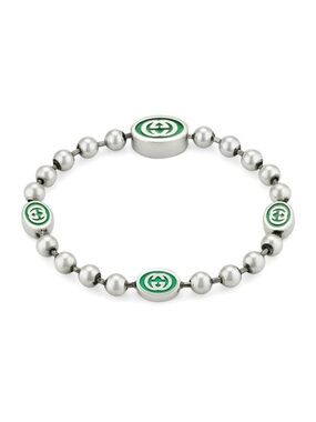 Gucci Silver-Tone Beaded Bracelet with Green Enamel Logos